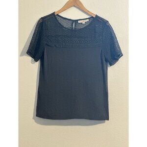 Ann Taylor LOFT Fringe Lace Yoke Women’s Tee Top Size Small Charcoal Grey